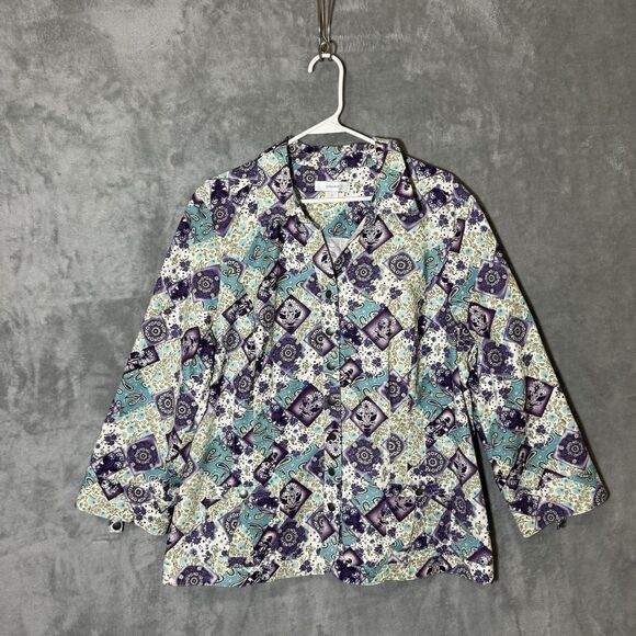 CJ Banks Top 1X Plus Floral Purple Paisley Fairy Roll Tab Sleeves Snap Front - Picture 2 of 10